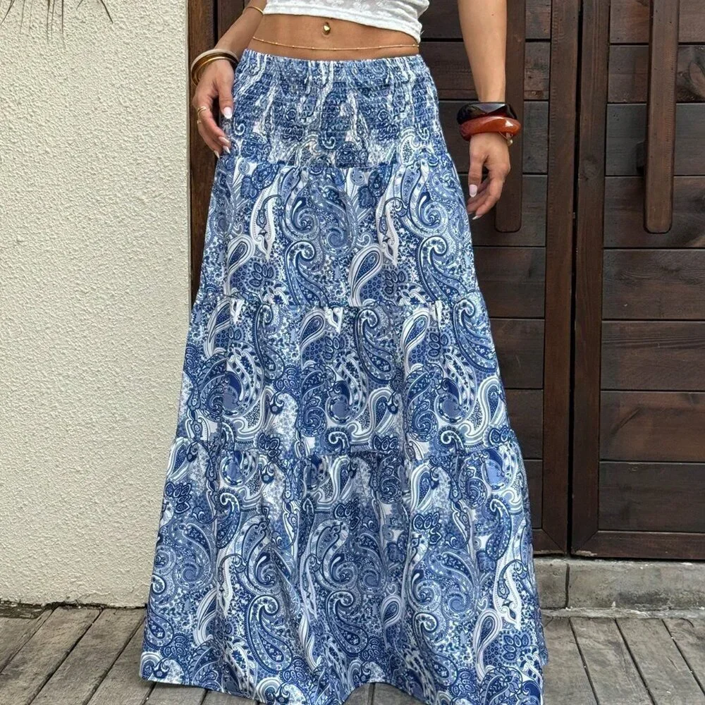 Blue Boho Women's Casual paisley Printed A-Line Long maxi Skirt